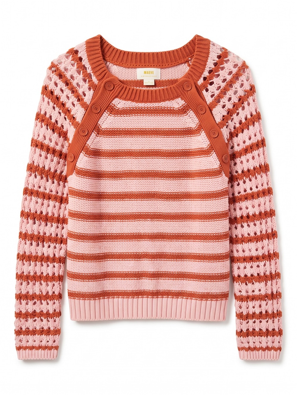 Anthropologie Maeve Pink & Rust Striped Button-Shoulder Sweater